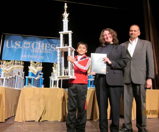 2013 Super Nationals K-9 Chess Champion Akshat Chandra with Dr. Root representing University of Texas, and Mr. Bill Hall, Executive Director, US Chess Federation